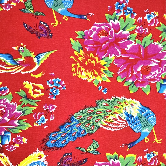 チャイナ花布/牡丹/孔雀/鳳凰/レッド/W幅/再入荷